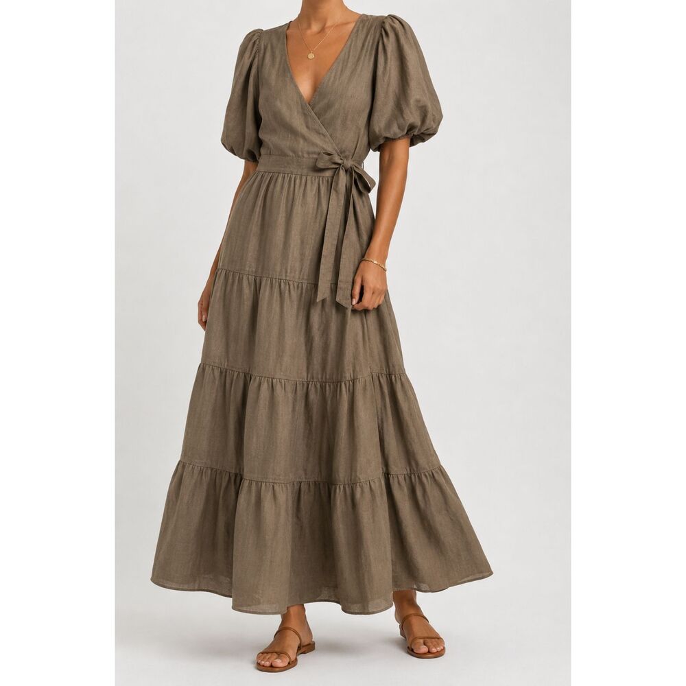 We Are Kindred Linen Wrap Maxi Dress US 4 Brown Puff Sleeve Tiered Boho